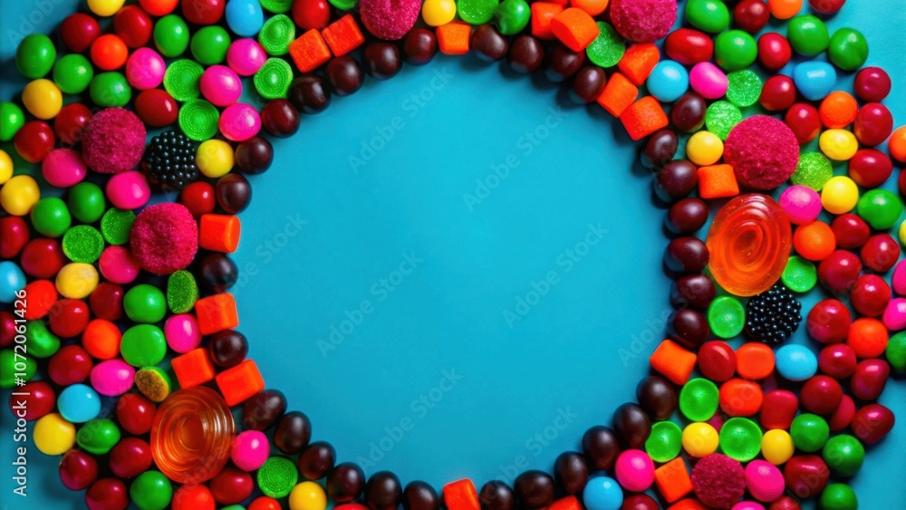 Poster a vibrant circle of colorful candies and sweets surrounding a blank turquoise background for a cheer