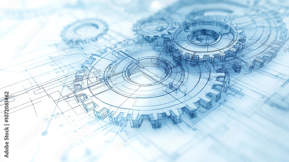 Aufkleber Abstract representation of mechanical gears designed with a digital blueprint aesthetic, symbolizing engineering and technology.