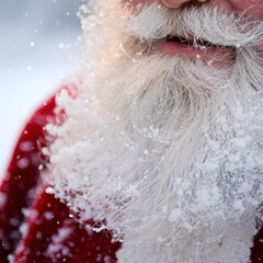 Obraz premium Extreme close-up shot of Santa Claus's iconic white beard and mustache heavily covered in crystalline snow and frost during severe winter cold.