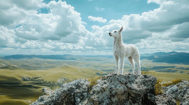 A white dog stands on a rocky outcrop, gazing out at the vast, rolling hills and blue sky.