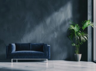 A minimalist living room interior with a dark blue velvet sofa. a potted plant. and a large empty wall