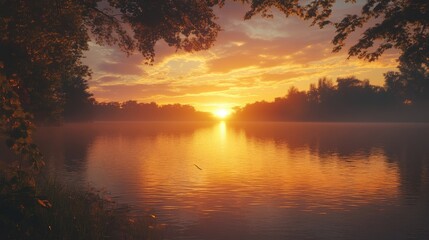 Obraz premium A scenic view of a lake at sunrise, with the sun peeking through the trees and casting a warm glow on the water.