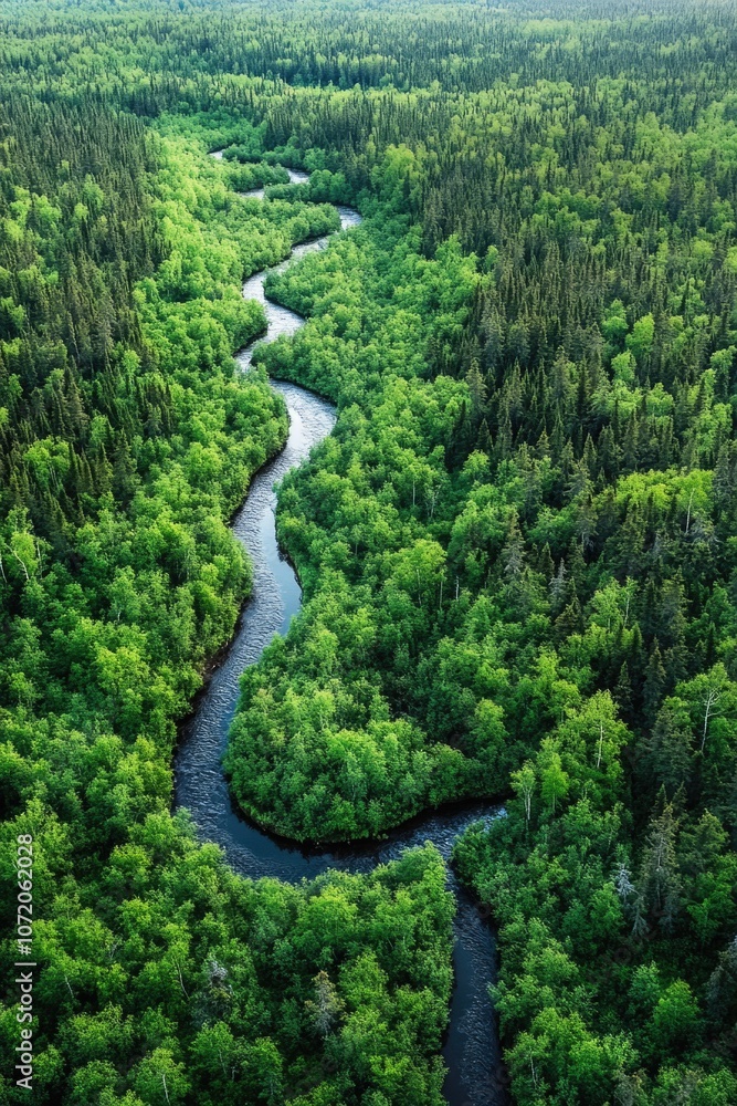 Poster a serene scene of a river winding its way through a dense and vibrant green forest, perfect for use 