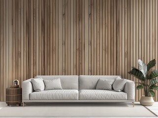A light grey sectional sofa with a wooden floor and a wooden wall in a minimalist living room