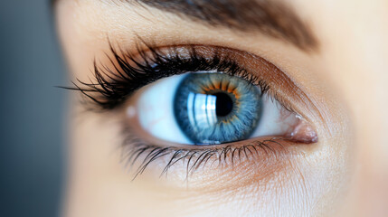 Fototapeta premium Close-up of a woman's blue eye with long eyelashes.