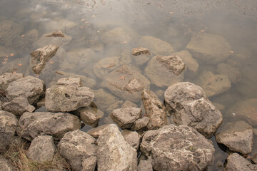 Cobblestone stones in the water and on the shore in a lake or river, top view