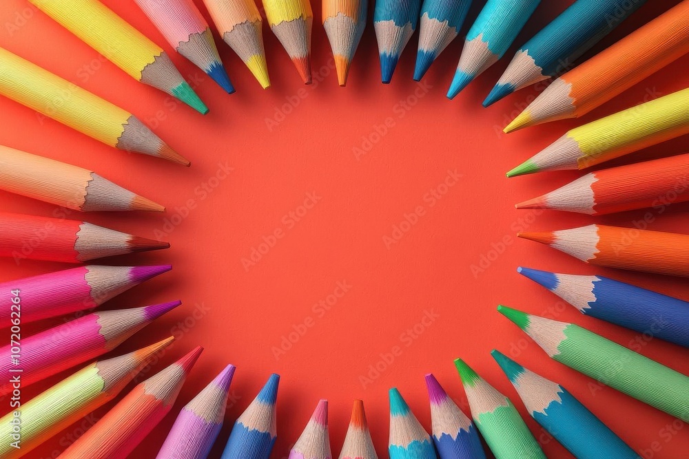 Poster a vibrant array of colored pencils arranged in a circular pattern against a bright orange background