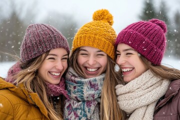 Fototapeta premium Young women having fun in snowy conditions, great for cold weather or outdoor activities scenes