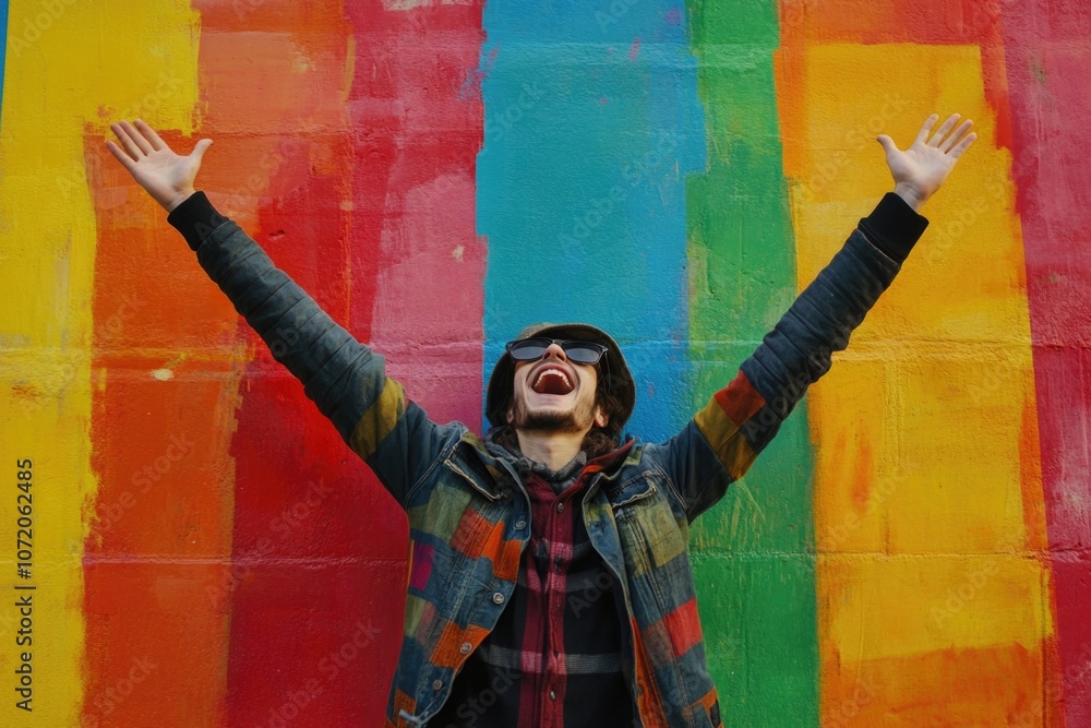 Poster a person standing in front of a vibrant and colorful wall, great for use as a background or to add s