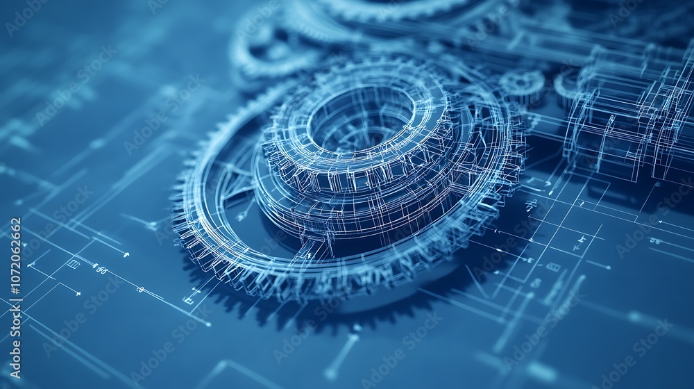 Leinwandbilder a digital representation of mechanical gears on a blueprint background, illustrating technology and 