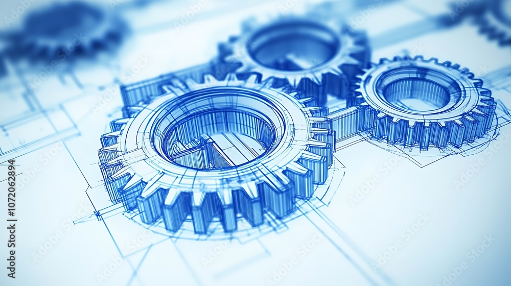 Poster a close-up illustration of interlocking gears on a blueprint background, symbolizing engineering and