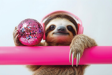 Naklejka premium Funky sloth hanging from a pole with headphones and a disco ball, against a plain background