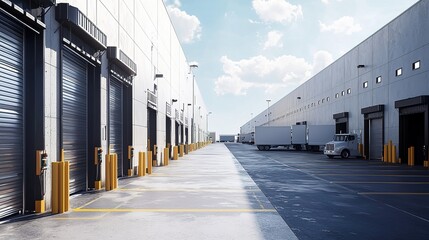 Explore the modern design of a warehouse building exterior with a focus on efficient logistics operations