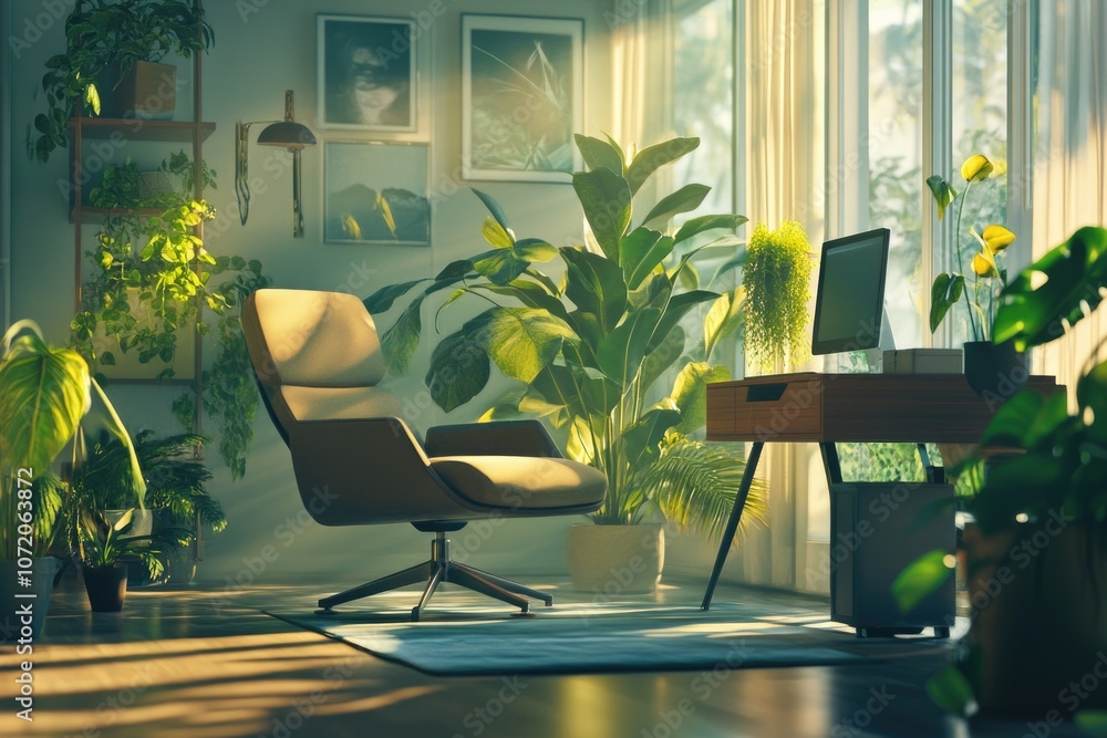 Poster a modern office desk with a chair and computer, ideal for working from home or in an office setting