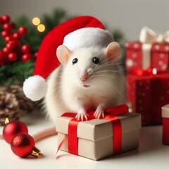 Funny rat in red santa hat with christmas gifts, new year decorations. Postcard