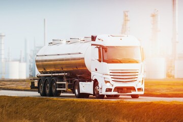 The Journey of Energy: A Gleaming Tanker Truck and Distant Refinery Towers