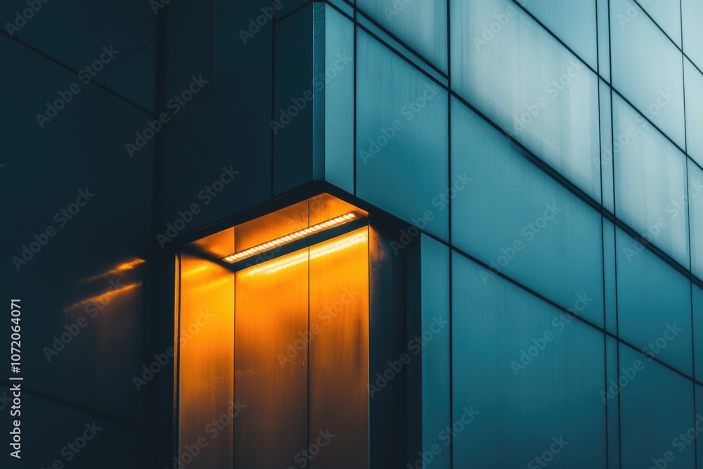 Poster a tall building with a single light shining from its side, perfect for use in illustrations about ci