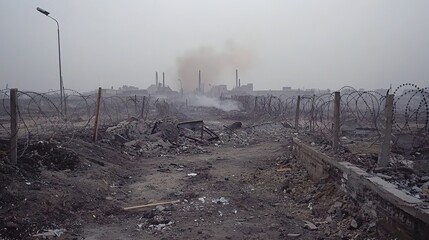 Explore the devastation of a war zone filled with barbed wire craters and smoldering ruins