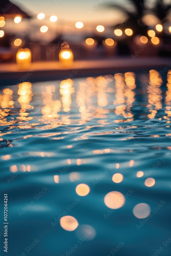Poster a serene pool scene with lights reflected on the water's surface