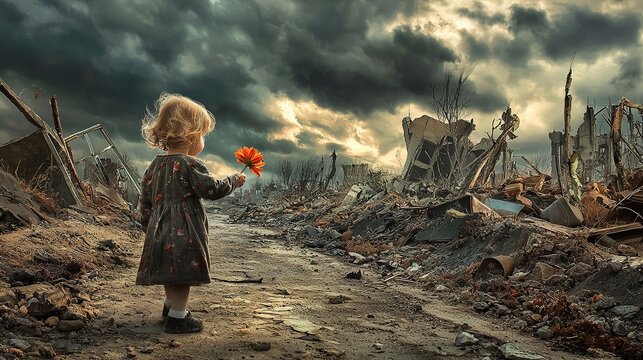 Child holds flower amidst devastation in war-torn landscape symbolizing hope and resilience