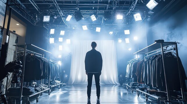  Fashion photoshoot set with flashing lights and cameras, where model poses in center as stylists make last-minute adjustments.