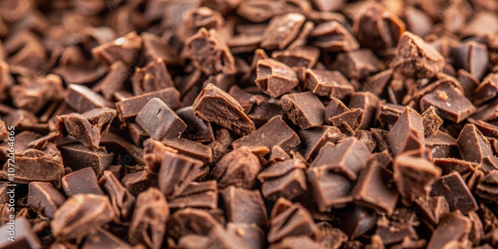 Poster a close-up shot of a chocolate chips texture, featuring a rich, deep brown color with a slightly glo