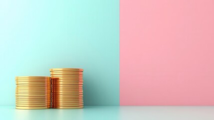 A stack of gold coins rests on a pastel blue and pink background, showcasing a vibrant and modern aesthetic.
