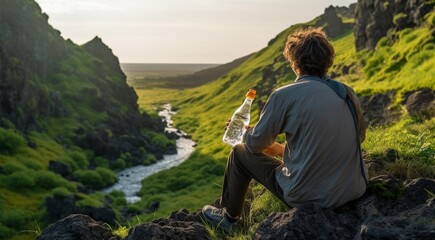 Naklejka premium person drinking water in the nature