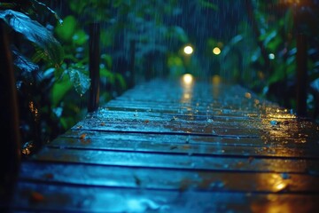 A wooden walkway illuminated by streetlights in the rain at night