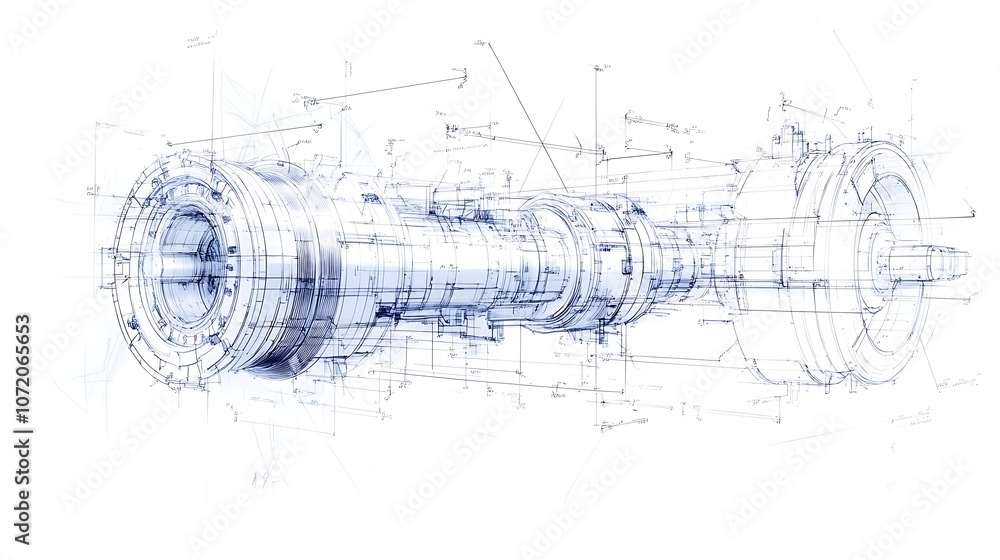 Leinwandbilder A technical illustration showing a complex mechanical design with blueprint elements, focusing on functionality and precision.