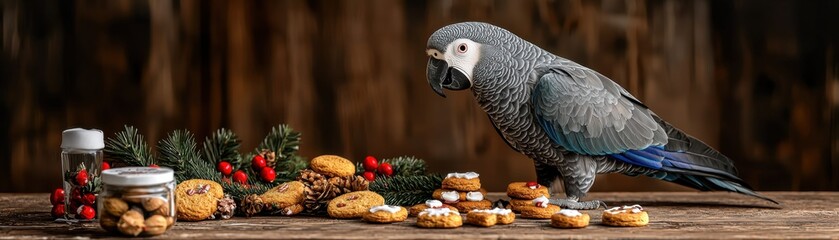 Obraz premium Christmas cookies and pet-safe treats concept. A grey parrot curiously inspects a scattered assortment of treats and festive decorations on a wooden surface