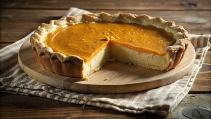 A freshly baked pumpkin pie with a flaky crust and a creamy filling, displayed on a wooden board with a striped cloth, capturing the essence of autumnal flavors