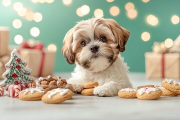 Christmas cookies and pet-safe treats concept. Adorable puppy surrounded by Christmas cookies and festive decorations, creating a cheerful holiday atmosphere