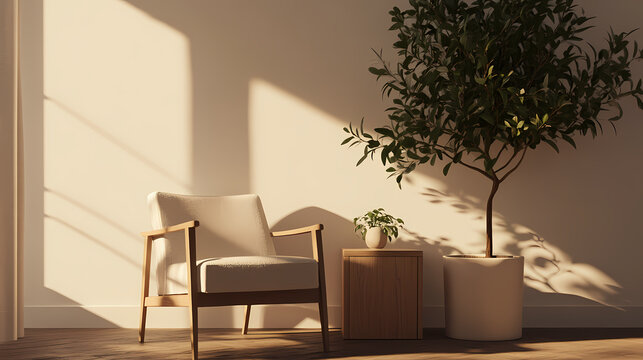 Cozy minimalist corner with a stylish accent chair and a minimalist wooden side table. the room is softly lit, with neutral tones and a single plant adding a touch of nature. Minimalist. Illustration