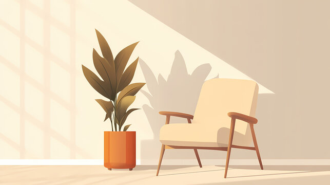 Cozy minimalist corner with a stylish accent chair and a minimalist wooden side table. the room is softly lit, with neutral tones and a single plant adding a touch of nature. Minimalist. Illustration