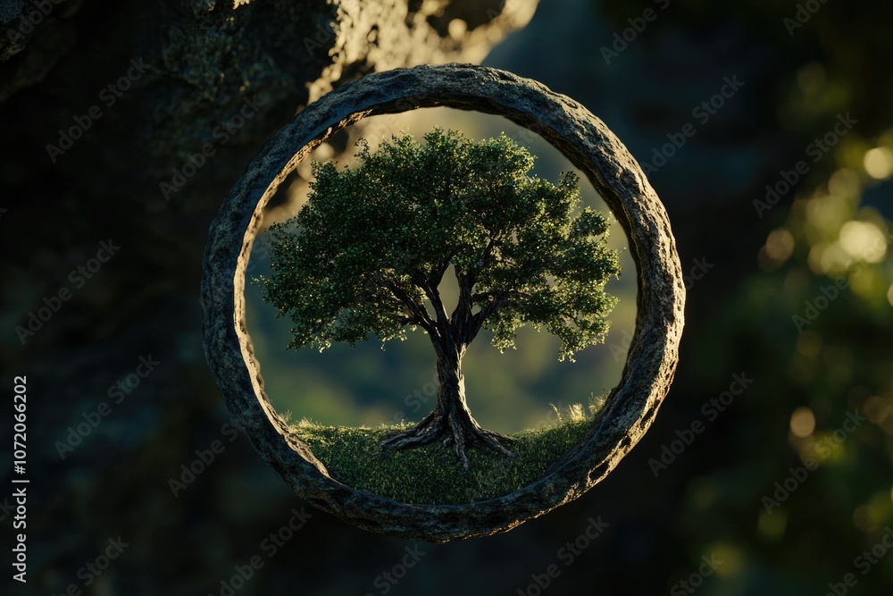 Aufkleber A tree is reflected in a circular mirror placed on a rocky surface, providing an interesting visual effect