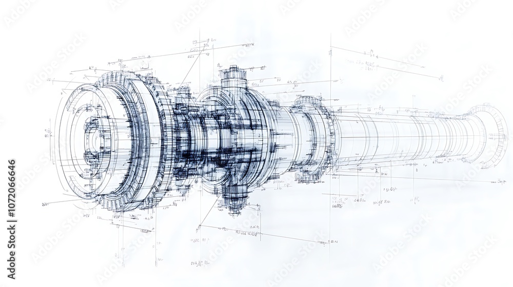 Fototapete A detailed schematic of a mechanical component, likely a turbine or engine part, showcasing its intricate design and engineering precision.