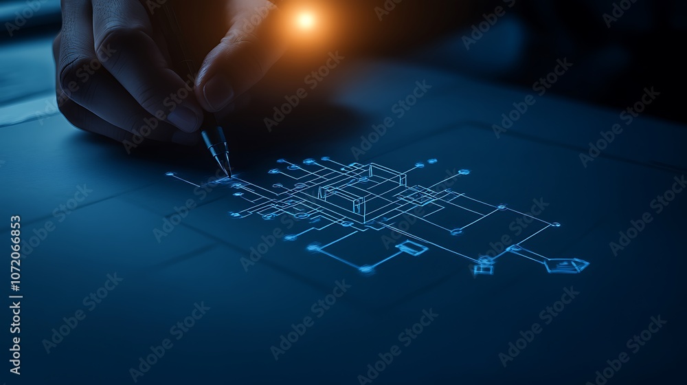 Leinwandbilder a hand draws a digital network of glowing nodes and connections on a dark surface, illustrating tech