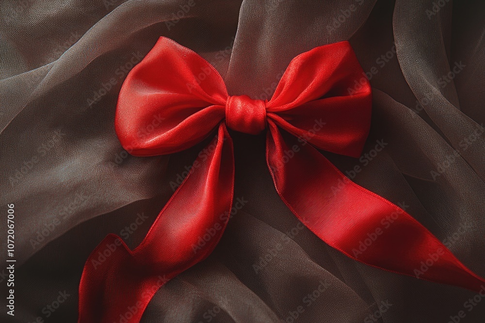 Poster close-up shot of a bright red bow on a gray fabric, suitable for use in textile design, gift wrappin