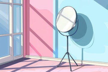 A mirror sitting on a tripod next to a window, perfect for photography or videography setups