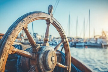 A boat steering wheel submerged in water