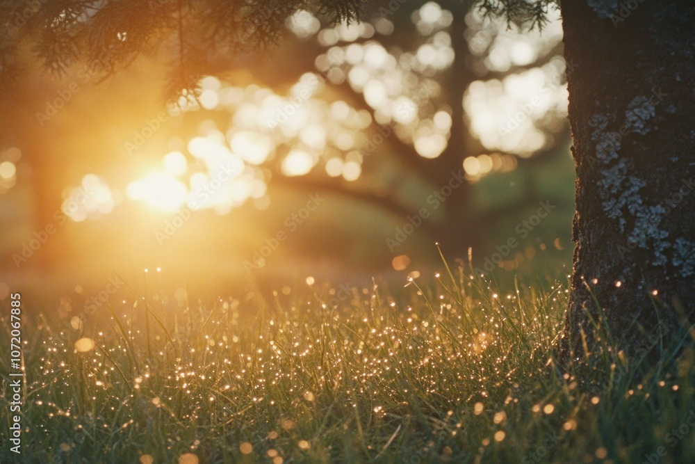 Poster a sunny day with sunlight passing through tree leaves, ideal for use as a background or symbolizing 