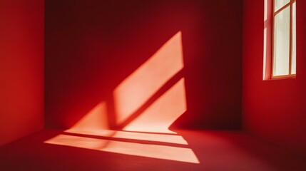 Obraz premium Abstract red studio background with sun light trails, Backdrop with shadows of a window for product display defocused paper texture 