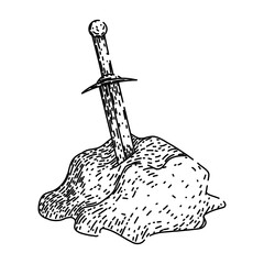 legend sword stone hand drawn. myth merlin, camelot magic, knights destiny legend sword stone vector sketch. isolated black illustration