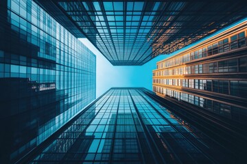 Fototapeta premium Tall buildings in a city with a bright blue sky, suitable for urban landscape or architecture images