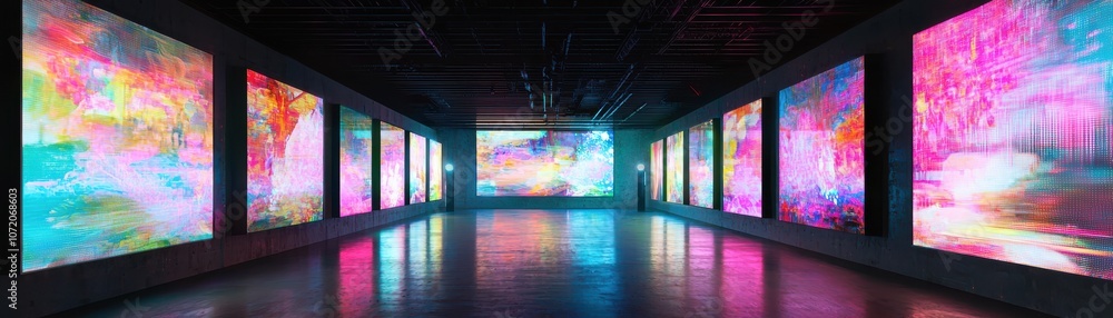 Poster a futuristic gallery with ai-generated paintings, a vibrant art installation features colorful, anim