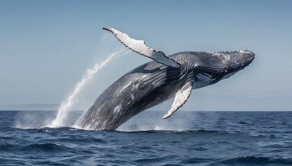 Obraz premium A blue whale jumping out from the sea. Suitable for marketing or business purposes. Panoramic banner with place for text