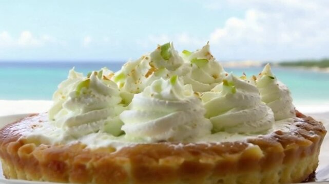 key lime pie with creamy filling and whipped cream on florida coast, close-up of tart key lime pie with sunny florida backdrop