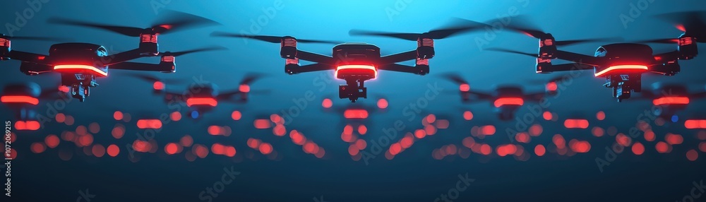 Poster a futuristic scene featuring multiple drones illuminated by red lights, creating a visually striking