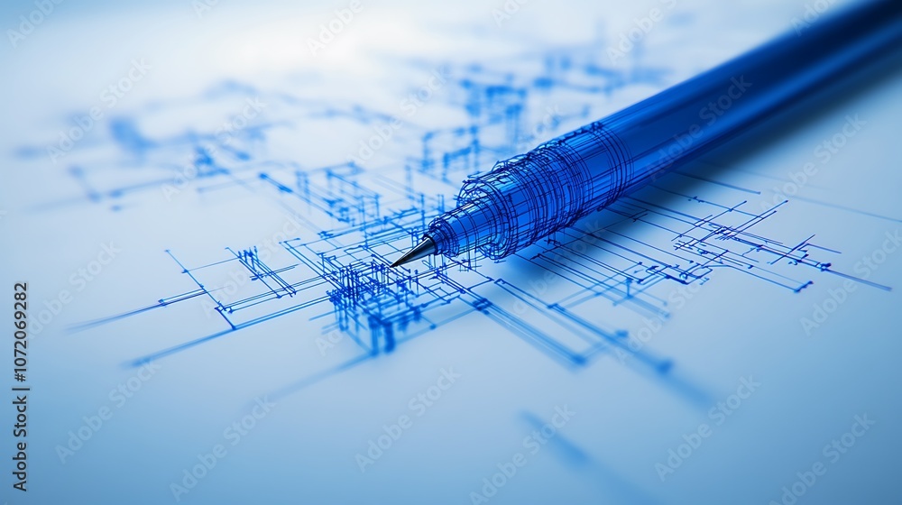 Poster a close-up of a blue pen on a blueprint, showcasing intricate designs and digital patterns, conveyin